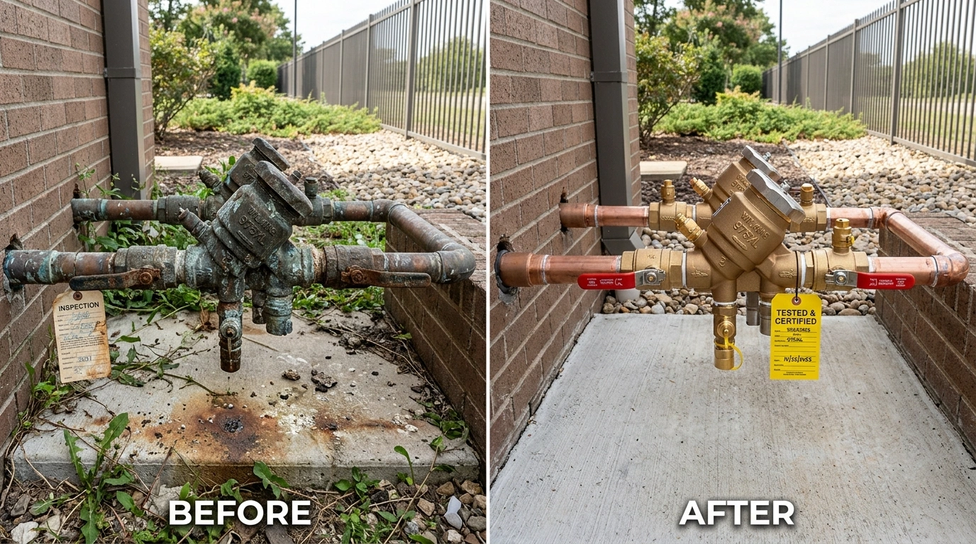 Before and after backflow testing repair and replacement in Jacksonville FL by Cummer Jack Plumbing — failed RP assembly replaced and JEA compliance restored