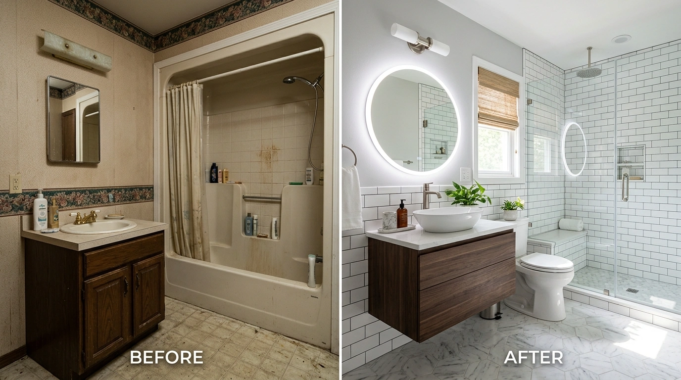 Before and after bathroom remodeling project in Jacksonville FL by Cummer Jack Plumbing — showing complete renovation from outdated bathroom to modern Florida code-compliant finish