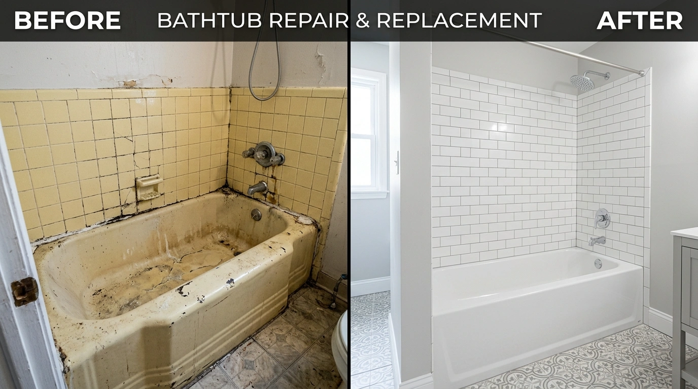 Before and after bathtub repair and replacement in Jacksonville FL by Cummer Jack Plumbing showing drain assembly repair, overflow valve replacement, and full tub installation