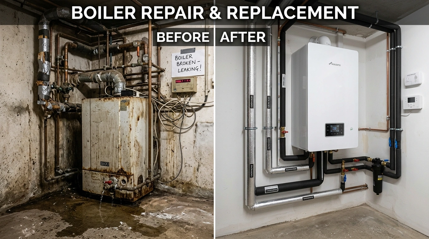 Before and after boiler repair and replacement in Jacksonville FL by Cummer Jack Plumbing — showing restored gas hydronic boiler system