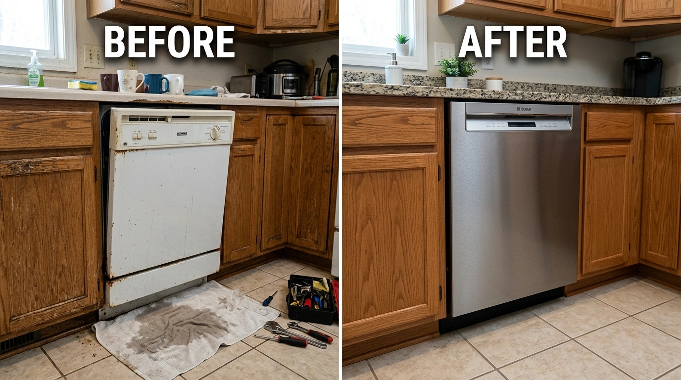 Before and After Dishwasher Repair and Replacement in Jacksonville FL - Supply Line, Drain Connection, and Air Gap Installation by Cummer Jack Plumbing