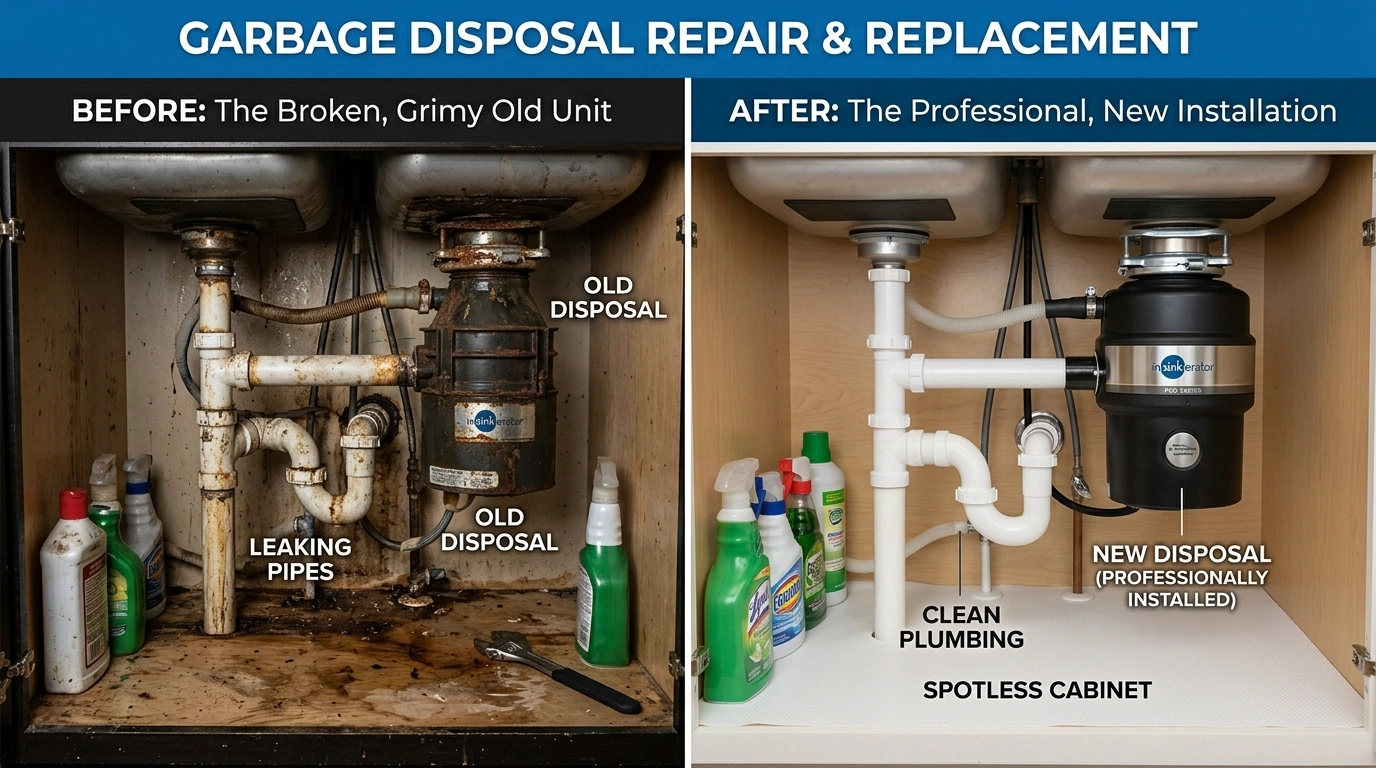 Before and after garbage disposal repair and replacement in Jacksonville FL by Cummer Jack Plumbing — showing corroded disposal replaced with new InSinkErator unit with proper sink flange, P-trap, and dishwasher drain connection