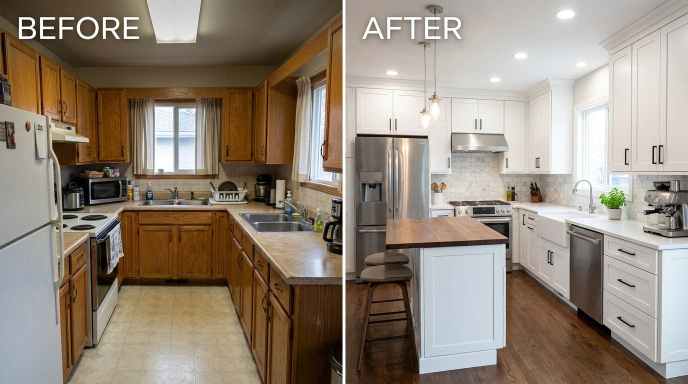 Before and after kitchen remodeling project by Cummer Jack Plumbing in Jacksonville FL showing slab drain relocation, new sink installation, gas line connection, and completed kitchen renovation