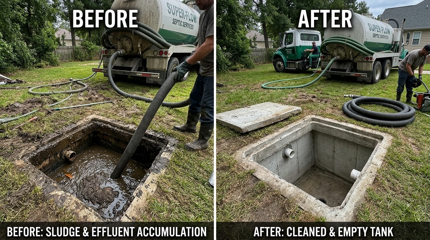 Before and after septic tank cleaning and pumping service in Jacksonville FL by Cummer Jack Plumbing — showing a full overflowing septic tank before service and a clean pumped tank after service