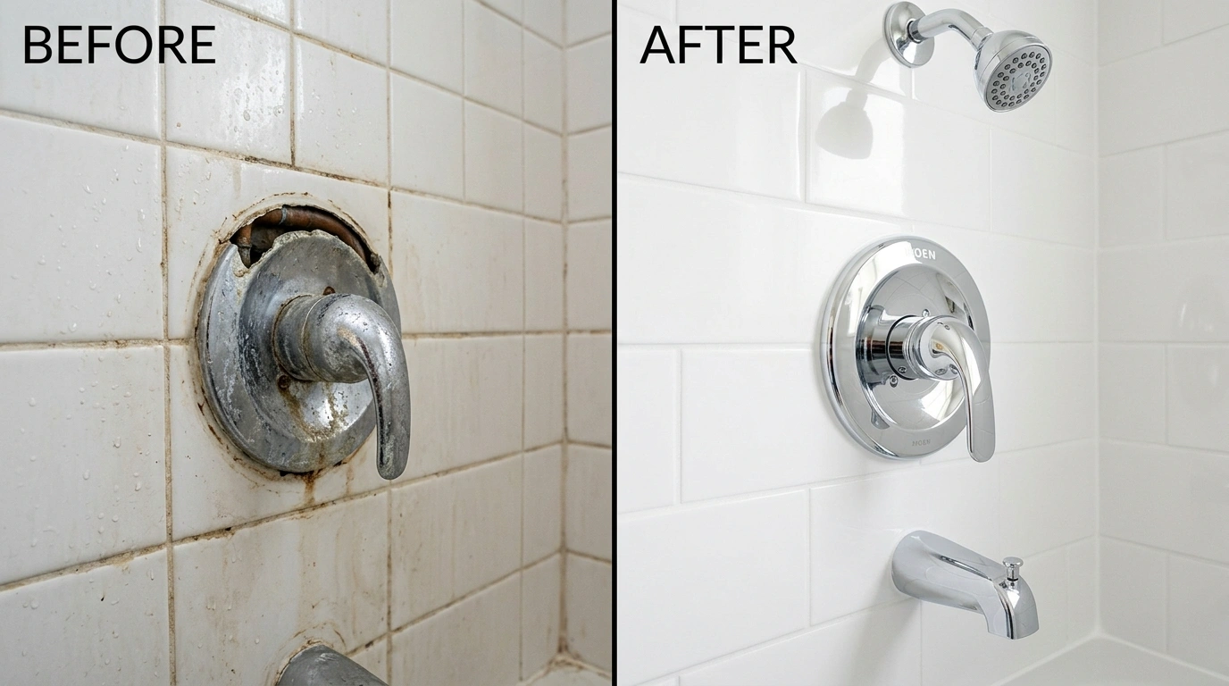 Before and After Shower Valve Repair and Replacement in Jacksonville FL by Cummer Jack Plumbing — mineral-seized cartridge replaced with hard-water-rated cartridge