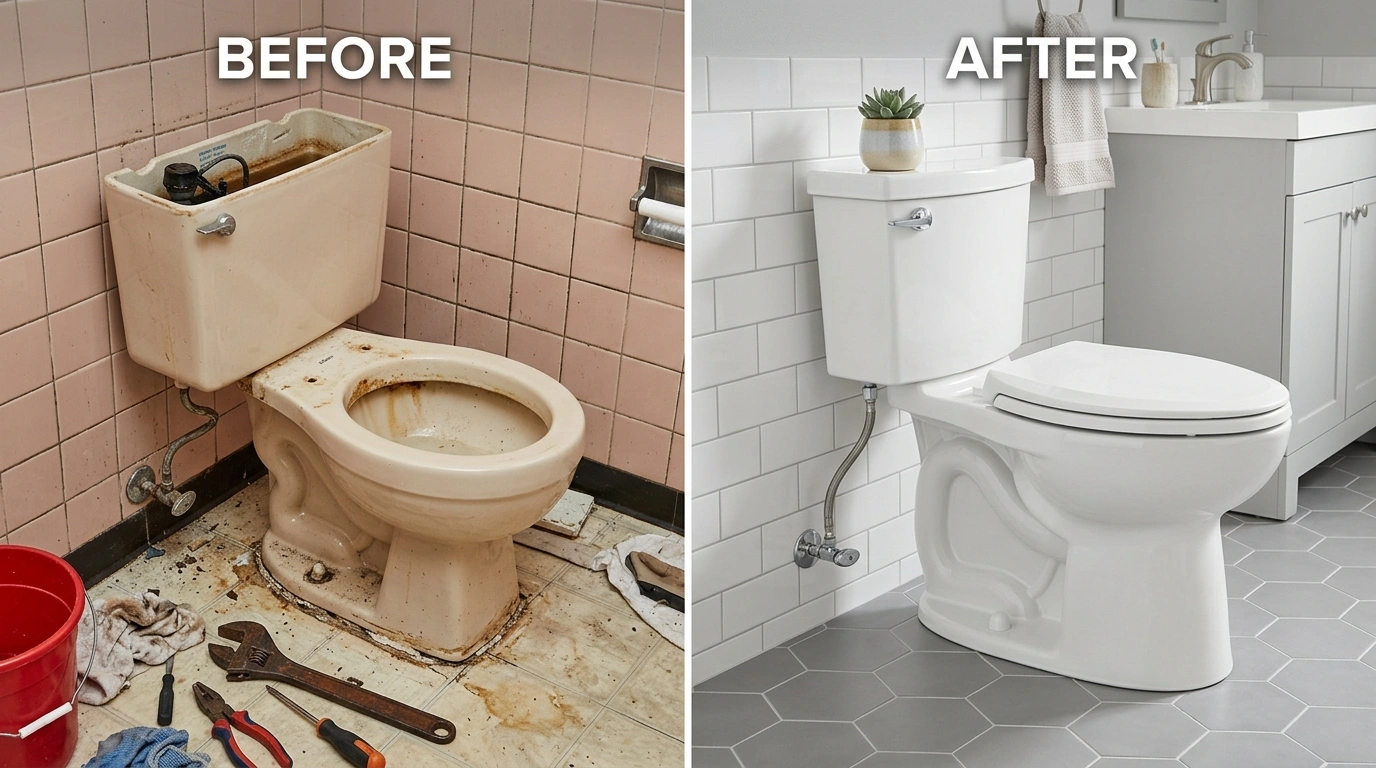Before and after toilet repair and replacement in Jacksonville FL — running toilet fixed with hard-water-appropriate flapper and WaterSense 1.28 GPF toilet installation by Cummer Jack Plumbing