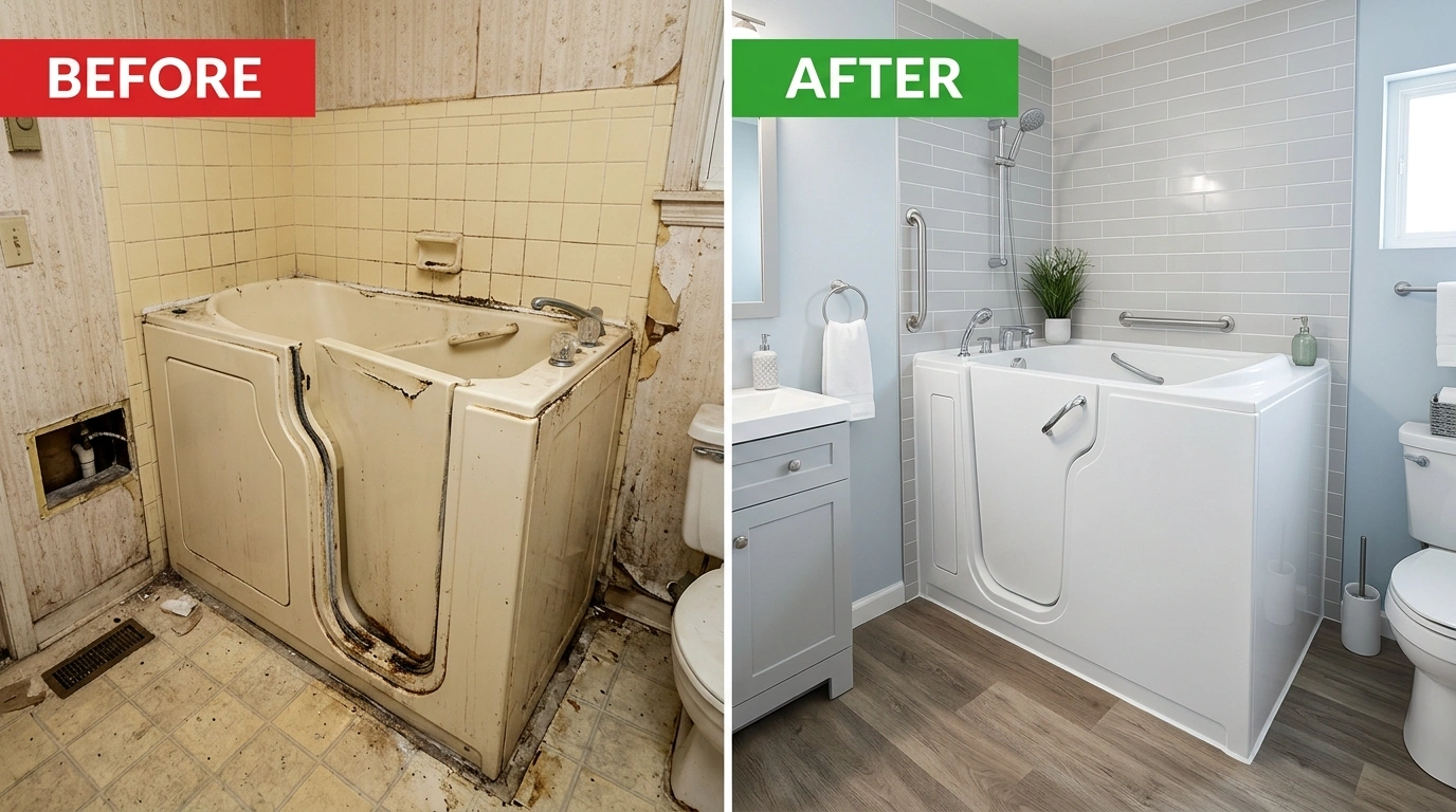Walk-In Tub Repair and Replacement Before and After in Jacksonville FL - Door Seal Replacement and Jet Descaling by Cummer Jack Plumbing