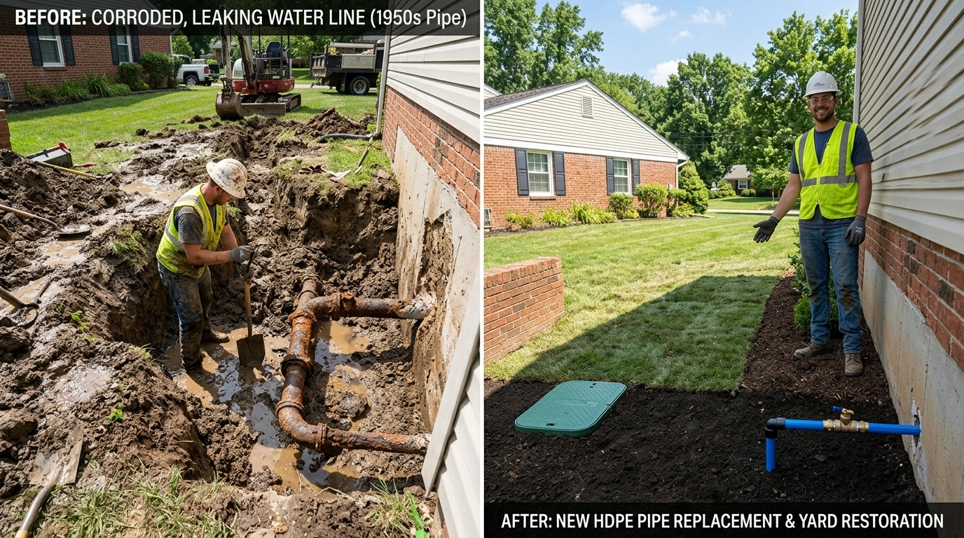 Before and After Water Line Replacement in Jacksonville FL - Cummer Jack Plumbing showing corroded galvanized pipe replaced with new HDPE via trenchless pipe bursting