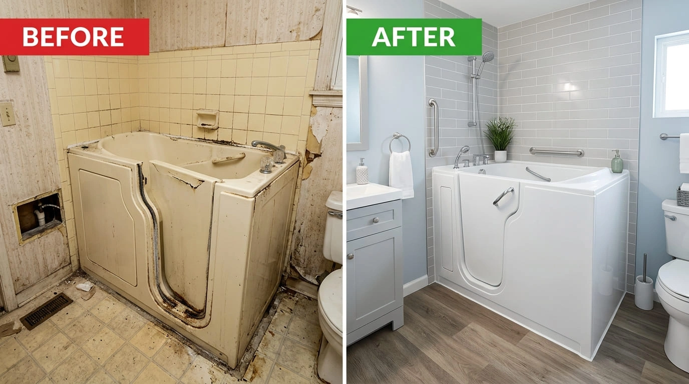 Walk-in tub replacement before and after by Cummer Jack Plumbing in Jacksonville FL showing the completed plumbing installation